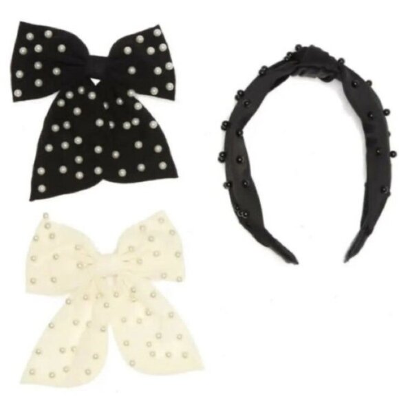 Noir 3-Piece Pearl Headband & Bow Hair Clip Set – Black & Cream – NWT - Picture 1 of 3